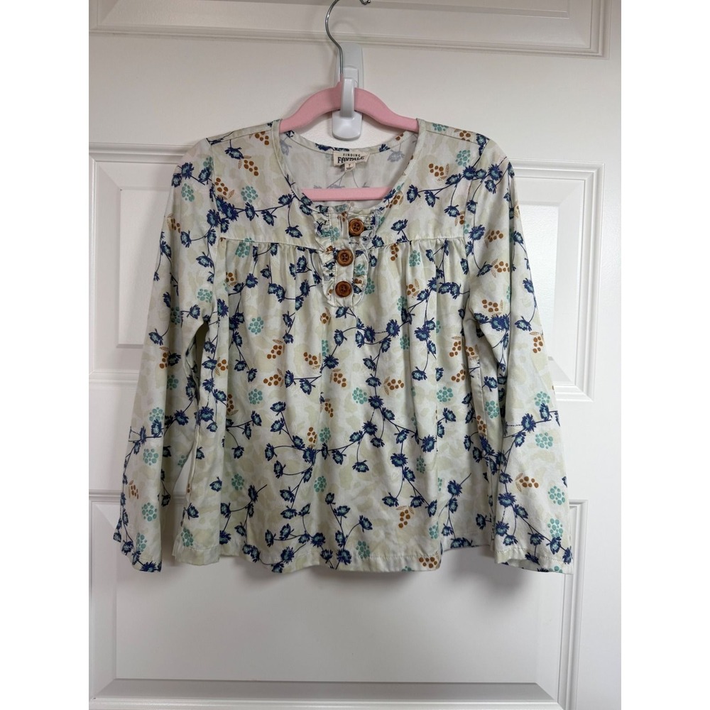 Finding Foxtale Girls Floral Henley Blouse Cream Blue Lyocell Size 7 F23T12P
